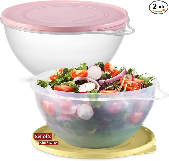 SIGNORA WARE Large Food Storage Containers with Lids Set of 2 – Durable Food Containers with Lids Airtight – Food Grade Non-BPA Plastic Salad Bowl with Lid Leftover Containers – Nestable Design