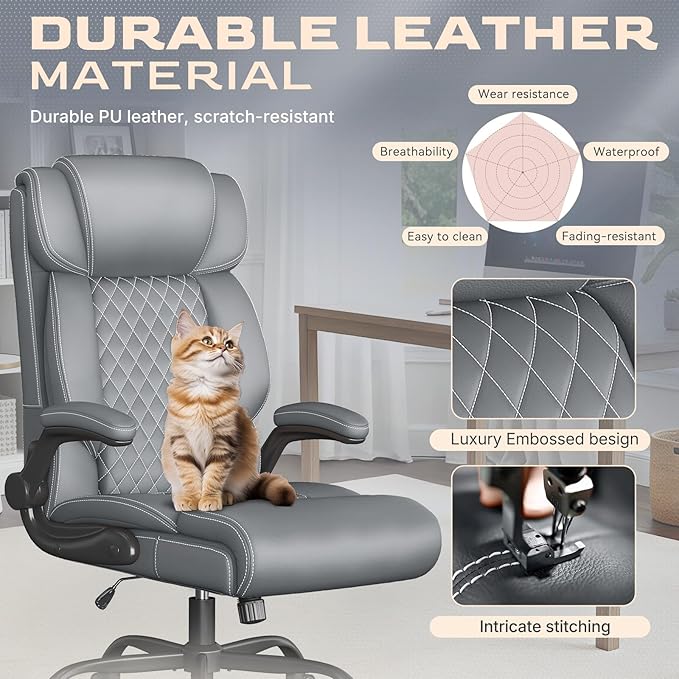 Office Chair-Executive High Back Breathable Comfy Desk Chair with Flip-up Armrests Lumbar Support-Ergonomic Leather Rolling Swivel Chair with Rock Function for Working Studying Gaming