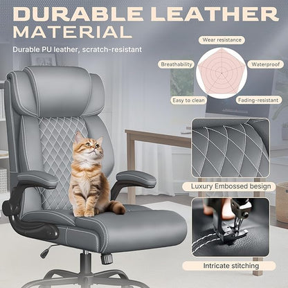 Office Chair-Executive High Back Breathable Comfy Desk Chair with Flip-up Armrests Lumbar Support-Ergonomic Leather Rolling Swivel Chair with Rock Function for Working Studying Gaming