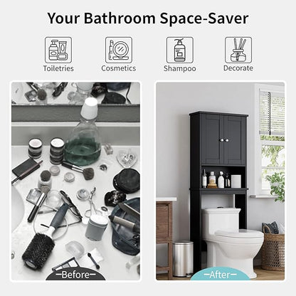 Shintenchi Over the Toilet Storage Cabinet, Bathroom Shelf Organizer with Anti-Tip Device Small Freestanding Space Saver with Adjustable Shelf，Black