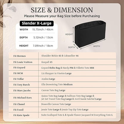 Purse Organizer Insert, Satin Tote Bag Organizer with 8 Sizes, Handbag Dividers for Inside Purse, Compatible with Longchamp, Neverful, 25C Hobo and More Bags（Slender X-Large,Black）