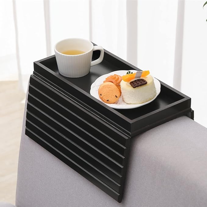 GEHE Bamboo Sofa Arm Tray, Foldable Couch Arm Tray Side Table, Anti-Falling Armrest Tables Cup Holder for Snacks, Drinks, Beers, Phone, Control, Flexible and Portable, Anti-Slip Bottom