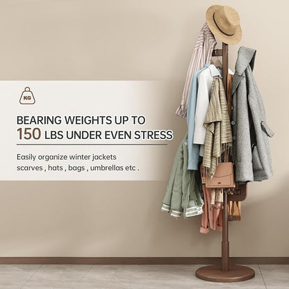 Solid Wood Cactus Coat Rack, Freestanding Coat Rack With 6 L-Shaped Hooks and 3 Adjustable Sizes, Coat Tree for Bedroom, Entryway, Livingroom, Coat Hanger Stand for Coats, Handbags (Walnut)