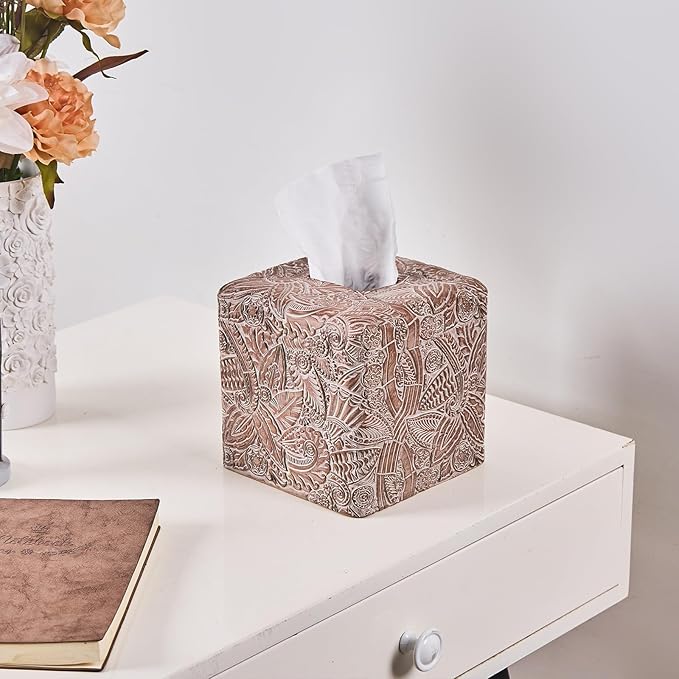 Tropical Leaves Vintage Wood Carved Square Tissue Box Cover Decorative,Tissue Box Holder, Facial Paper Holder for Bathroom Vanity Countertop, Bedroom Night Stand,Office and End Table, Rustic Brown