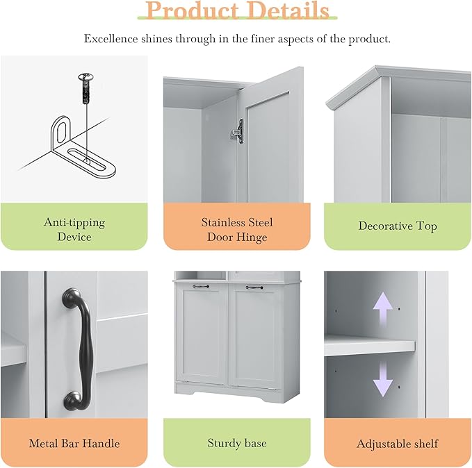 Merax Cabinet with Tilt-Out Laundry Hamper Basket, Tall Bathroom Storage Organizer Linen with Open Shelf for Home, Freestanding, Gray