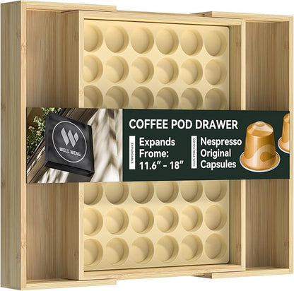 for Nespresso Original Capsules - Expandable Bamboo Coffee Pod Storage for Counter Drawer Insert - 48 Capsules & Tea Bags Organizer (Expands from 11.6" to 18")