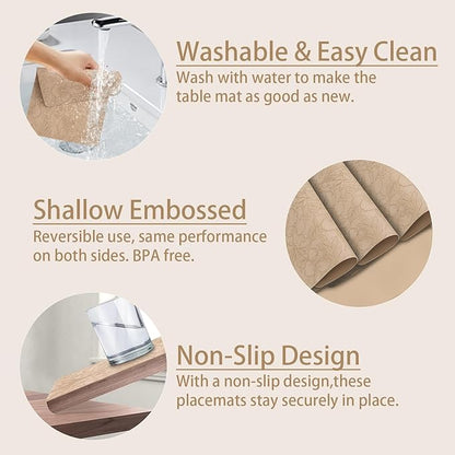 SolaraDawn Faux Leather Table Placemats Set of 6, Washable, Wipeable & Heat-Resistant Table Mats, Waterproof Dining Place Mats with Embossed Texture for Kitchen & Dining, Beige, 17" × 12"