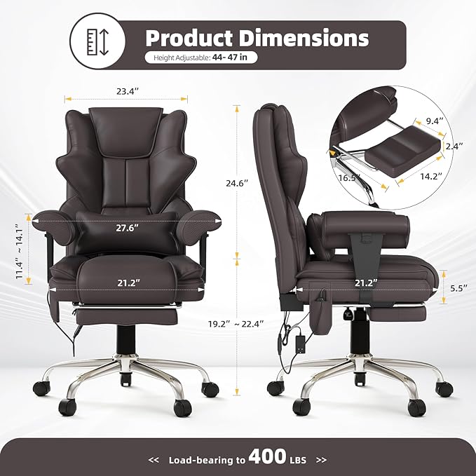 7-Point Massage Office Chair,Heated Manageral Chair,Ergonomic Executive Chair with Footrest,Adjustable Armrest，Computer Chair for Offices, Study Areas, Gaming Spaces,Brown