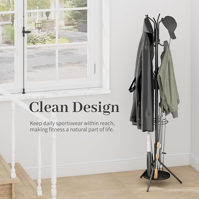 Kitsanery Coat Rack Freestanding,Metal Coat Tree with Umbrella Holder,Hat and Coat Rack Stand for Entryway, Hallway, Living Room, Bedroom (Black)