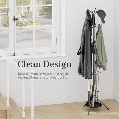 Kitsanery Coat Rack Freestanding,Metal Coat Tree with Umbrella Holder,Hat and Coat Rack Stand for Entryway, Hallway, Living Room, Bedroom (Black)