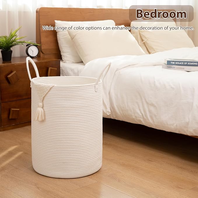 OIAHOMY Large Laundry Basket Hamper - 60L Cotton Rope Woven Basket for Blankets, Toys, Clothes - Tall Decorative Nursery Hamper with Long Handles, White