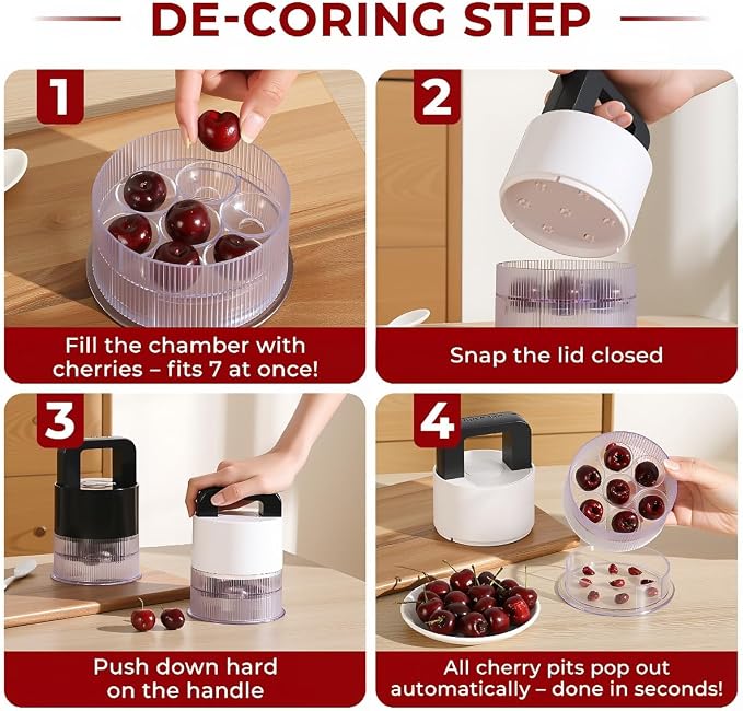 Cherry Pitter Tool 7-in-1 with 1.5" Extra Large Slots, Olive Pit Remover | Cherry Pitter for Jumbo Cherries & Olives, Transparent Container, Safely Safe, Anti-Splash, 7-Slot Cherry Pitter Tool