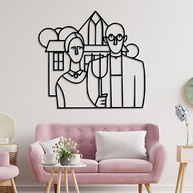 Modern American Gothic Wall Art - Unique Line Art Home Decor for Living Room and Bedroom - Stylish Farmhouse Wall Decor, Artistic Metal Wall Sculpture, Gift for Art Lovers and Homeowners (18 x 17 inches)