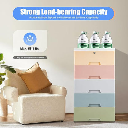 Plastic Dresser for Bedroom with 5 Drawers,Stackable Vertical Storage Tower, Small Dresser Chest of Drawers, Mobile Drawer Storage Cabinet with Wheels for Hallway Entryway,Bedroom Furniture (Macaron)