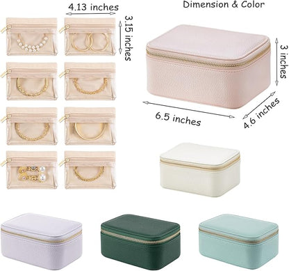 Vlando Travel Jewelry Box Organizer - 8 Small Velvet Zipped Pouches Pockets for Jewelries Necklaces Rings Earrings Sorting Storage, Offwhite