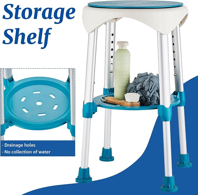 Shower Chair Stool for Inside Shower, Small Corner Plastic Stool for Shower 300 Lb,360° Swivel Bath Shower Seat for Seniors Adults Sitting, Adjustable Bathtub Stool with Storage Tray (Green)
