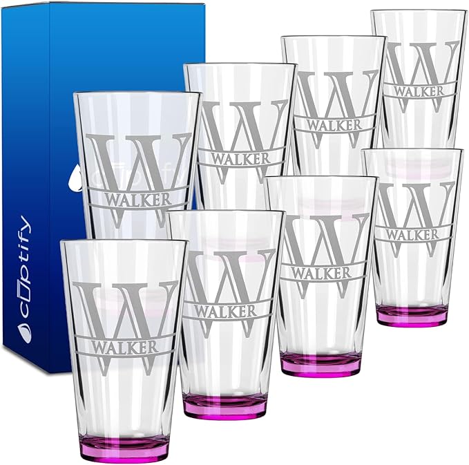 Personalized Beer Glasses Set of 8 Engraved Pink 16oz Pint Glasses for Men & Women, Custom Drinking Gift for Birthdays, Weddings, Father’s Day & More