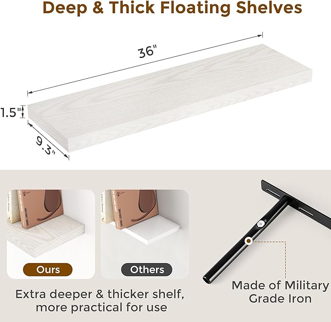 Fun Memories 48 Inch Floating Shelves, 9.3 Inch Deep Wall Shelves for Bathroom, Living Room, Bedroom, Kitchen, Deep Long Shelf Wall Mounted 1 Pack Shelf for Books, Decor, Brich