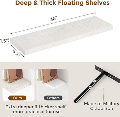 Fun Memories 48 Inch Floating Shelves, 9.3 Inch Deep Wall Shelves for Bathroom, Living Room, Bedroom, Kitchen, Deep Long Shelf Wall Mounted 1 Pack Shelf for Books, Decor, Brich