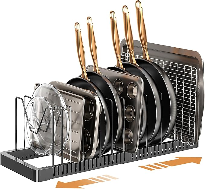 PanPanPal Pots and Pans Organizer under Cabinet, Expandable Pot Lid Organizer Holder with 12 Adjustable Compartment, Pan Organizers inside Cabinet for Lids, Bakeware, Kitchen Storage Pot Rack, Black