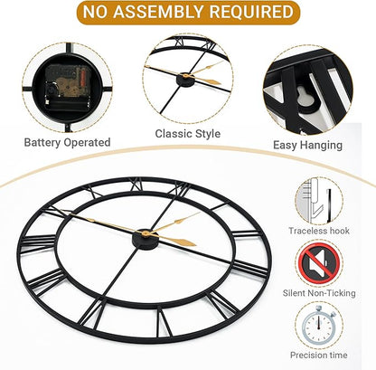 Blorple 36inch/91cm Large Wall Clocks for Living Room Decor,Wall Clocks Battery Operated,Metal,Decorative,Analog,Silent, Non Ticking,Extra Large Wall Clock (Iron Roman Numerals, 36 inches)