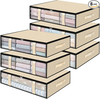 StorageRight Under Bed Storage Bags 6 Pack, 40L Large Clothes & Comforter Storage Containers with Clear Window, Breathable Fabric Organizer for Blankets, Bedding, Seasonal Clothing, Beige