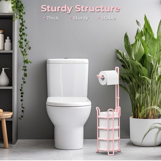 TomCare Toilet Paper Holder Toilet Paper Stand and Dispenser for 3 Spare Rolls Metal Wire Free-Standing Toilet Tissue Paper Roll Storage Shelf Bathroom Accessories Storage Organizer Pink