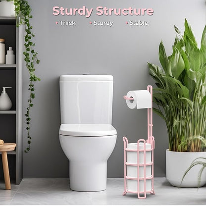 TomCare Toilet Paper Holder Toilet Paper Stand and Dispenser for 3 Spare Rolls Metal Wire Free-Standing Toilet Tissue Paper Roll Storage Shelf Bathroom Accessories Storage Organizer Pink