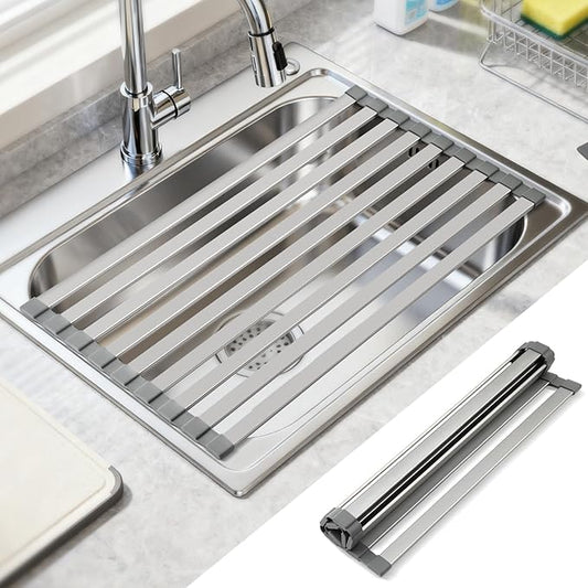 21.6" X 13" Roll Up Dish Drying Rack，Over The Sink Drying Rack 304 Stainless Steel Foldable Heat-Resistant Dishes Drainer for Kitchen and RV Sink Counter