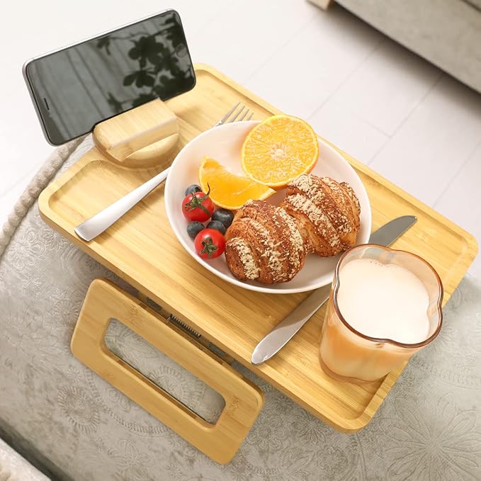 Smatdecis Couch Arm Tray Table Sofa Arm Clip, Armrest Tray Table Suitable for Home Drinks/Fast Food/Fruit Etc, Large Size Multi-Function Natural(360° Rotating Stand A)