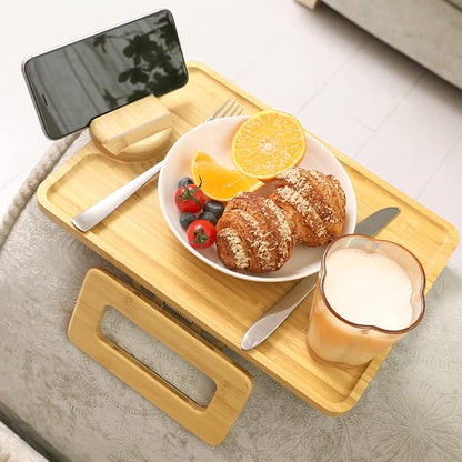 Smatdecis Couch Arm Tray Table Sofa Arm Clip, Armrest Tray Table Suitable for Home Drinks/Fast Food/Fruit Etc, Large Size Multi-Function Natural(360° Rotating Stand A)