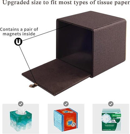 Linen Square Tissue Box Cover,Cube Tissue Box Holder－Excellent Rosegold Leather Decoration,Table Napkin Case Dispenser,Facial Tissues Organizer with Magnetic Bottom for Home Office Car(Coffee)