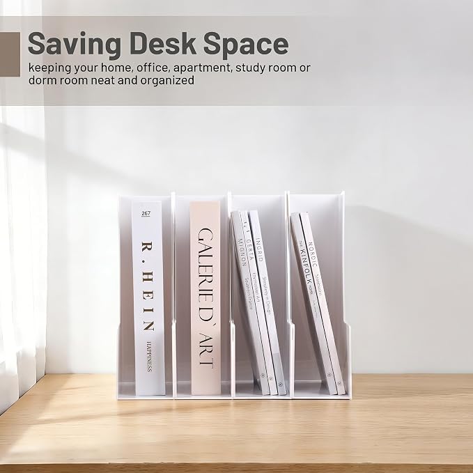 CiWiVOKi Vertical Magazine File Holder, Desk Organizer and Storage for Magazines, Binders, Notebooks, Envelopes, Multi-Purpose Desktop File Organizer for Home, Office & Classroom, 4 Pack, White