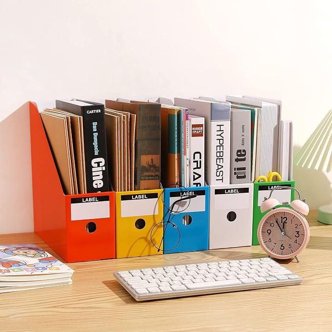 Foldable Desk File Holder Organizer Sturdy Cardboard Magazine Storage Box Document Rack with Blank Label Stickers for Home School Office (5, Multicolor)