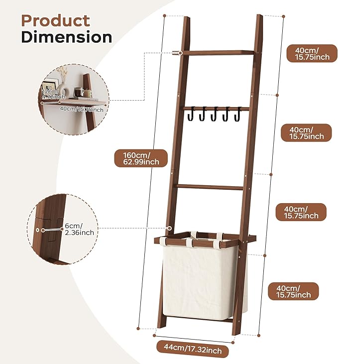63" Bamboo Blanket Ladder with Shelf, Fabric Storage Basket and 5 Hooks, 4 Tier Leaning Blanket Rack, Farmhouse Towel Ladder Rack, Decorative Quilt Rack Holder for Living Room Bedroom Bathroom, Walnut