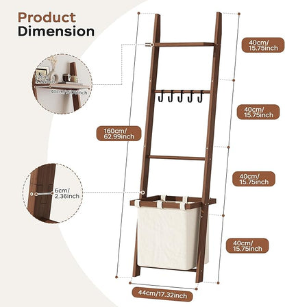 63" Bamboo Blanket Ladder with Shelf, Fabric Storage Basket and 5 Hooks, 4 Tier Leaning Blanket Rack, Farmhouse Towel Ladder Rack, Decorative Quilt Rack Holder for Living Room Bedroom Bathroom, Walnut