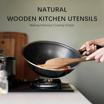 2pcs Wooden Spatulas for Cooking, 13inch Coated Acacia Wood Turners for Frying, Non-Scratch Wood Flat Spurtle for Pan & Wok, Wooden Cooking Utensils for Non Stick Cookware, Long Handle Scraper