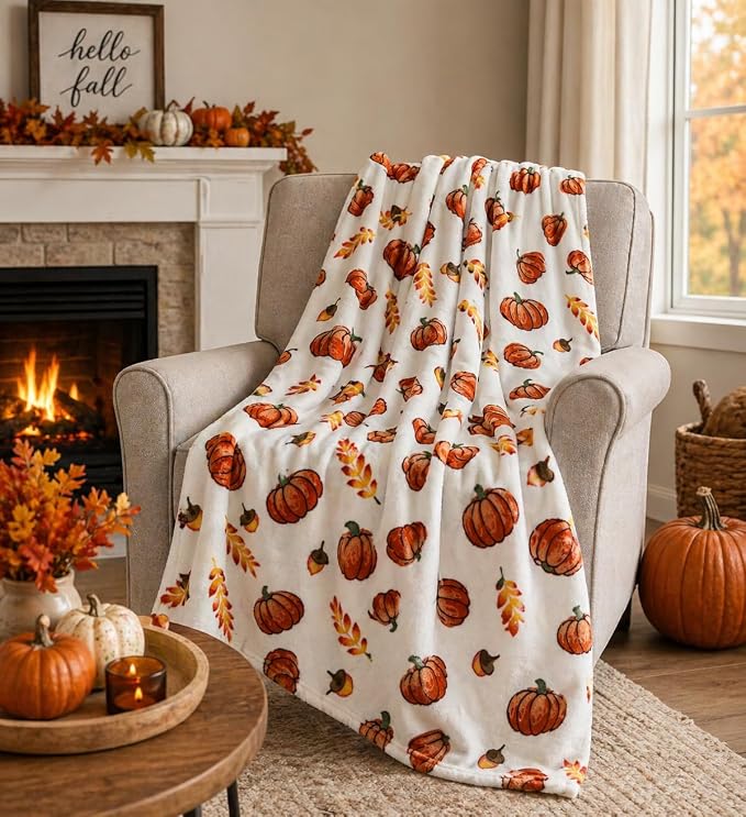 Home Decor Farmhouse Fall Fleece Throw Blanket: Harvest Pumpkins Leaves and Wheat on Velvet Fleece, Oversized Measures 70" inches x 50" inches