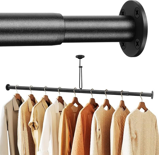 Adjustable Closet Rods for Hanging Clothes 108 to 134 inch Black Heavy Duty clothes rod for closet, Laundry, Bathroom, RV Closet Organization and Storage(Extra long)