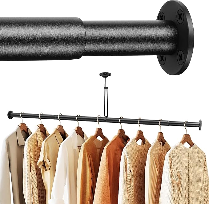 Adjustable Closet Rods for Hanging Clothes 134 to 160 inch Black Heavy Duty clothes rod for closet, Laundry, Bathroom, RV Closet Organization and Storage(Extra long)