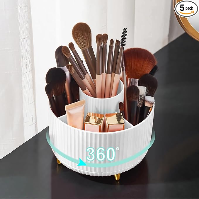 Diesisa Makeup Brush Holder Organizer,360° Rotating Makeup Brush Organizer,5 Slot Make up Brushes Cup for Cosmetics, Nail Polish, Art Supply, Bathroom Vanity Desktop Organizer - White