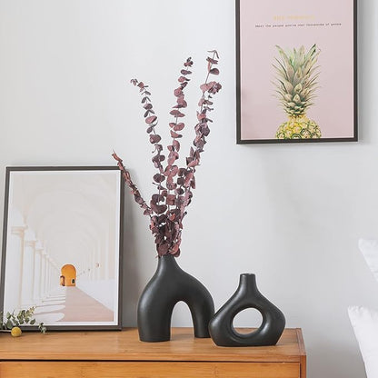BLACK Ceramic Vase Set of 2 for Modern Home Decor, Round Matte Donut Vases for Pampas Grass, Neutral Boho Nordic Minimalism Style Flower Vases for Living Room Wedding Dinner Table Party Office Bedroom