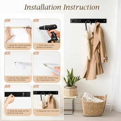 Coat Rack Wall Mount, Wooden Coat Hanger with 5 Hooks, Heavy Duty, Black, 1 Pcs