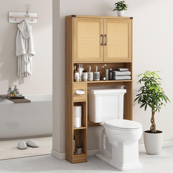 Vabches Over The Toilet Storage Cabinet, Farmhouse Rattan Storage Cabinet Over Toilet with 2 Rattan Barn Doors & Home Space-Saving Toilet Rack, for Bathroom, Restroom, Laundry