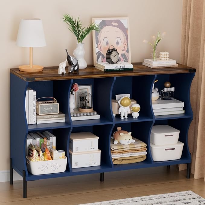 8 Cube Book Shelf, Low and Short Bookshelf, Long Cube Storage Organizer Wood TV Stand, Toy Organization DVD Cabinets for Living Room, Office, Bedroom, Dorm, Blue with Natural Top