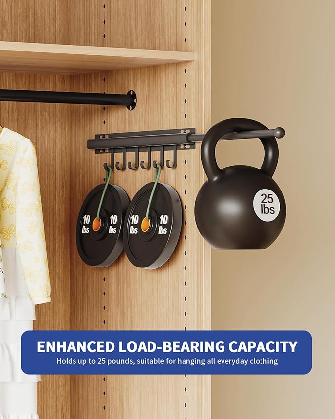 16.5" Valet Rod for Closet Pull Out With 6 Hooks Valet Rods for Closets (2Pack Black) Closet Valet Rod Slide Out