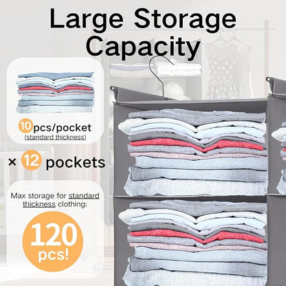 Space-Saving Hanging Closet Storage Organizer – Dual-Row Foldable Shelves with 3 Hooks, 6-Tier Wardrobe Organizer for Dorm, Bedroom, Closet (Grey) | Storage, 12 Pockets, 3 Sturdy Hooks, Dorm Room Essentials