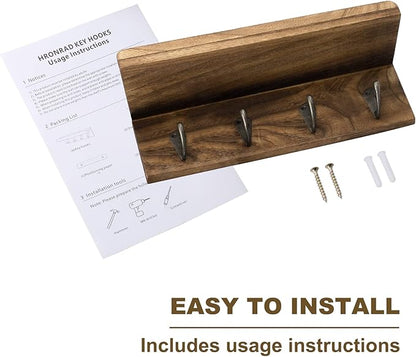 Rustic Key Holder for Wall, Farmhouse Wall Shelf with 4 Hooks, Wall Mounted Key Racks, Wooden Mail Organizer with Hooks for Entryway (Brown)