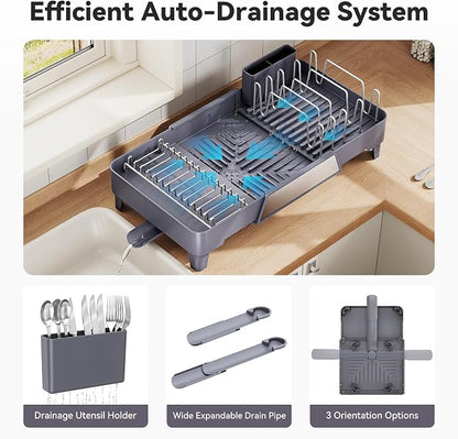 Urackify Large Dish Drying Rack - Expandable Dish Rack for Kitchen Counter, Multifunctional Dish Drainer with Drainboard & Utensil Holder, Anti-Rust, Fits Any Sink, Extendable 16.3" to 23.6" L, Gray
