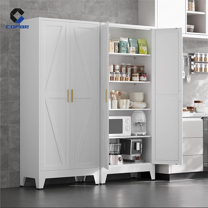 COFaR 71 in Tall Kitchen Pantry Cabinet, Metal Pantry Storage Cabinet with 4 Adjustable Shelves and 2 Barn Doors, White Freestanding Farmhouse Food Cupboard for Dining Room Living Room